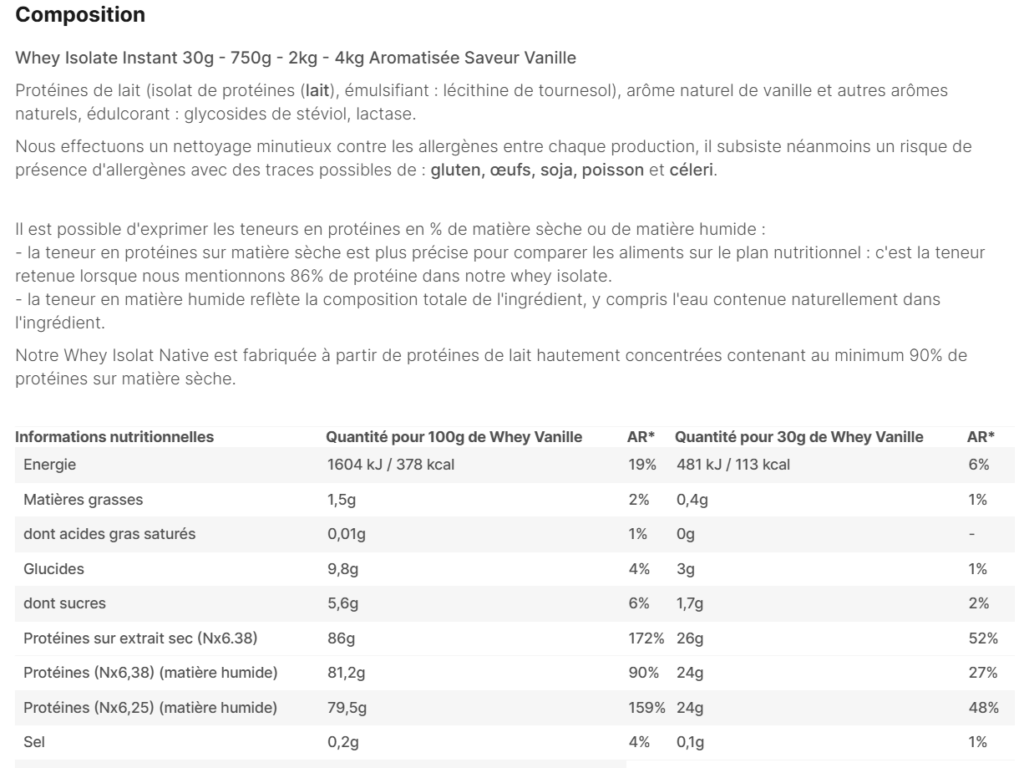 composition Whey Isolate native Nutripure vanille