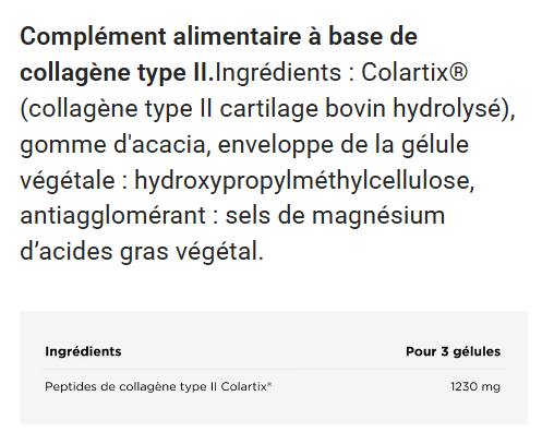 ingr&eacute;dients Collag&egrave;ne type 2 colartix Aqeelab