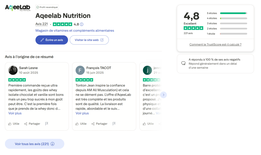 avis trustpilot de la marque aqeelab nutrition