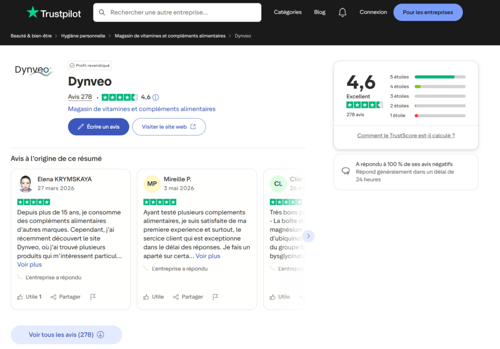 Avis de la plateforme Trustpilot sur dynveo avec une note de 4,6/5