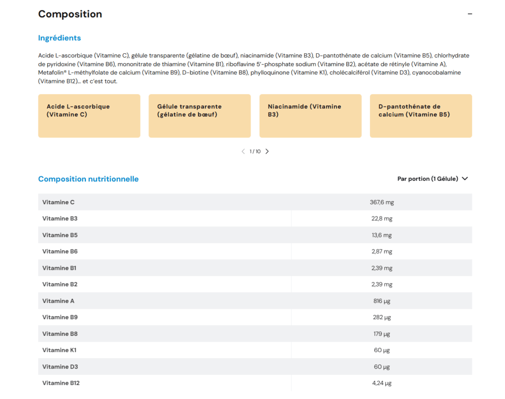 composition et ingrédients multivitamines Nutrimuscle