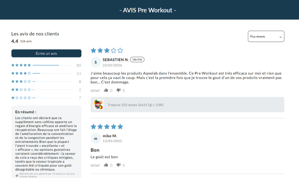 avis clients pr&eacute; workout aqeelab nutrition