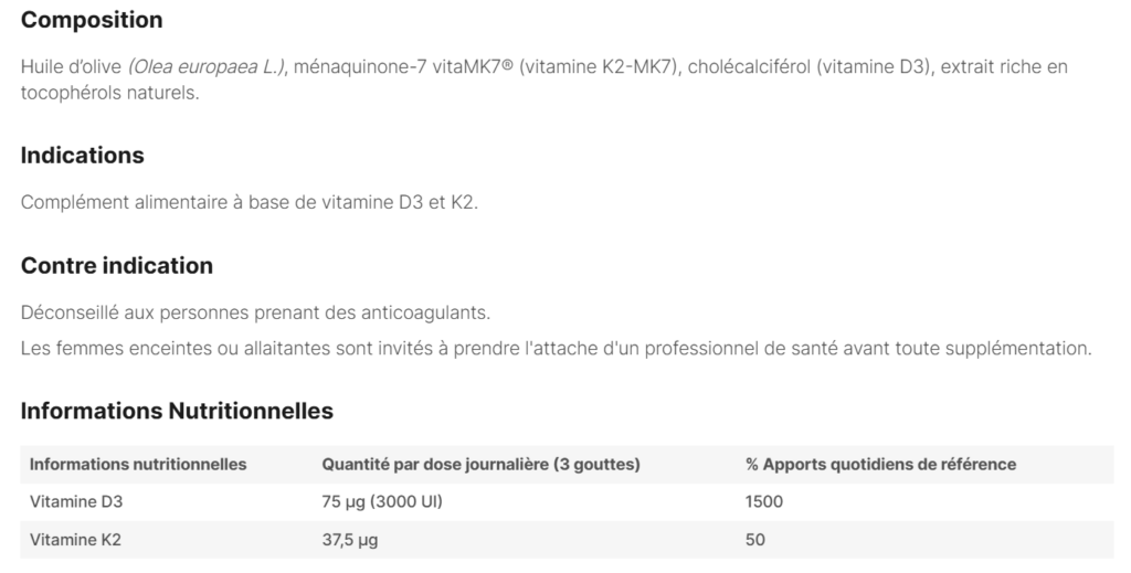 composition et ingr&eacute;dients Vitamine D3 K2 Nutripure