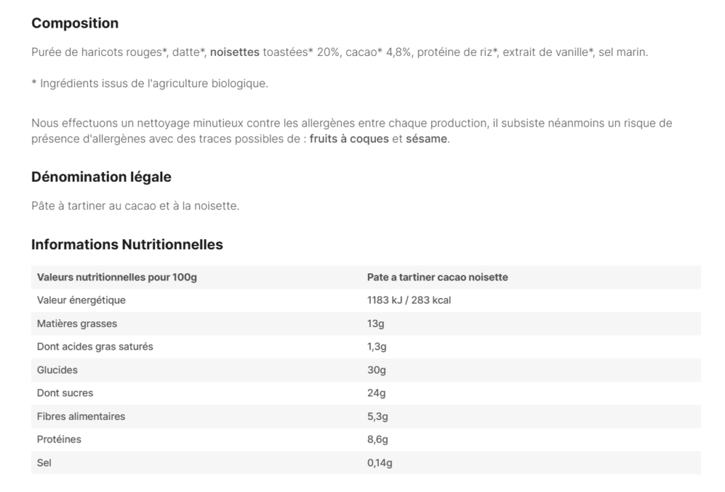 composition P&acirc;te &agrave; Tartiner Nutripure
