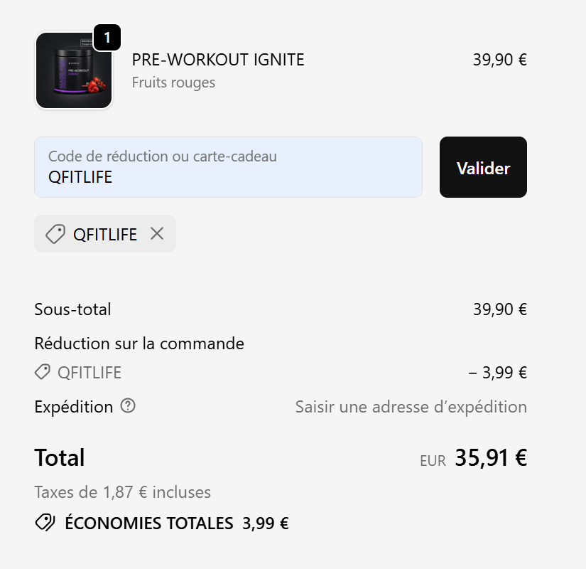 utilisation du code promo QFITLIFE sur kairyn