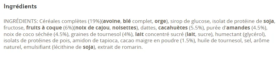 composition barre prot&eacute;ine Special K