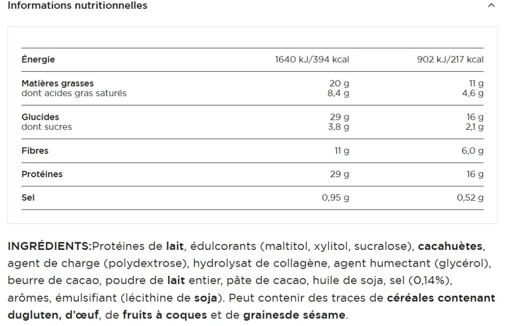 composition Barre Proteine Barebells