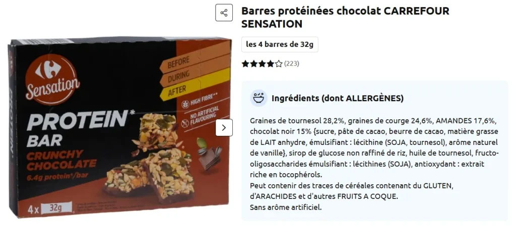 composition Barre Prot&eacute;in&eacute;e Carrefour Sensation