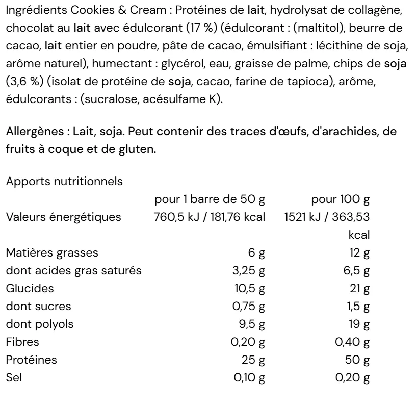 composition Barre Protéinée XXL Nutrition