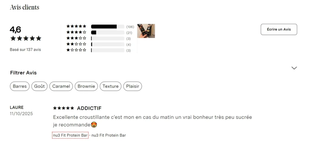 avis clients Barre proteine nu3