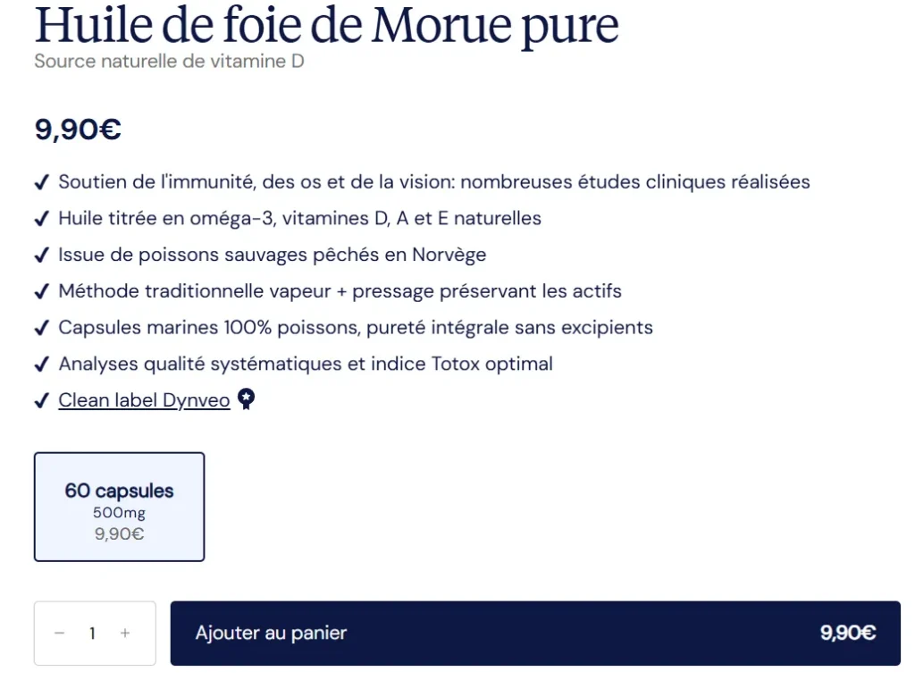 pris tarifs huile de foie de morue Dynveo