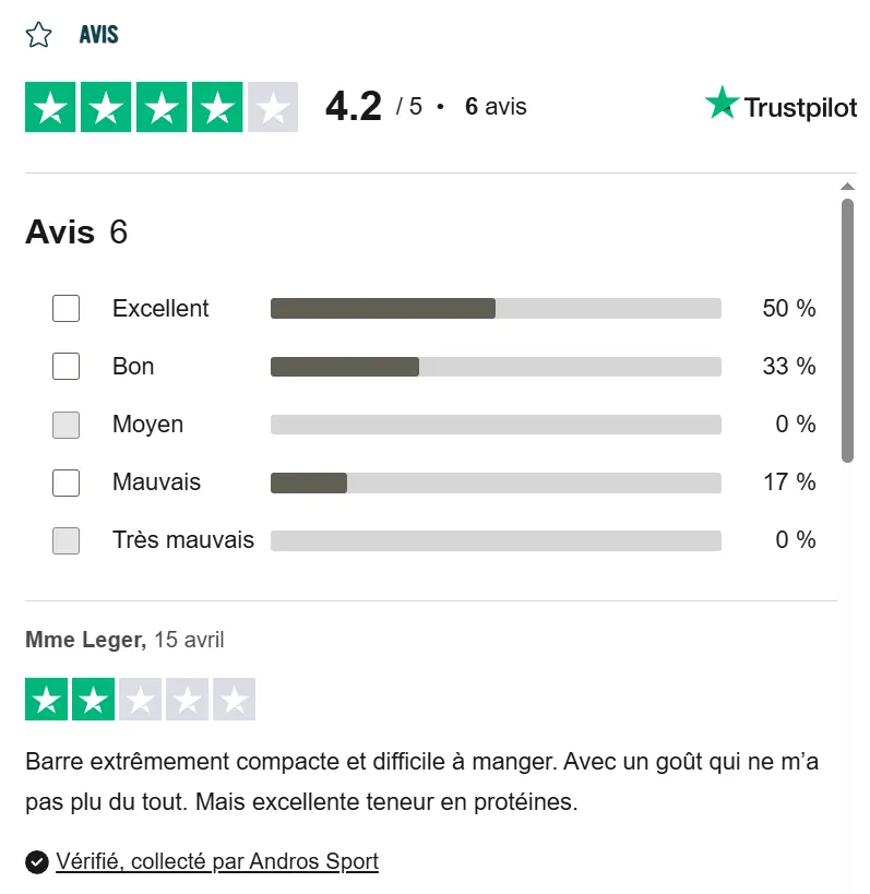avis clients barre proteine andros sport