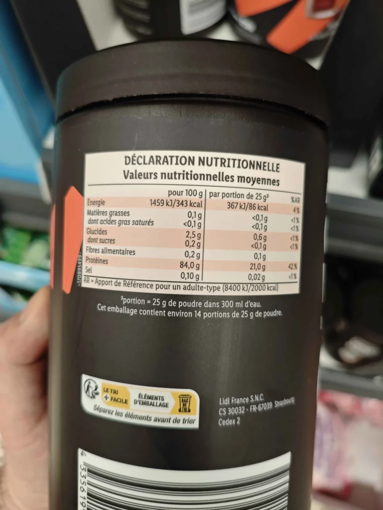 valeurs nutritionnelles clear Whey Sportyfeel Lidl