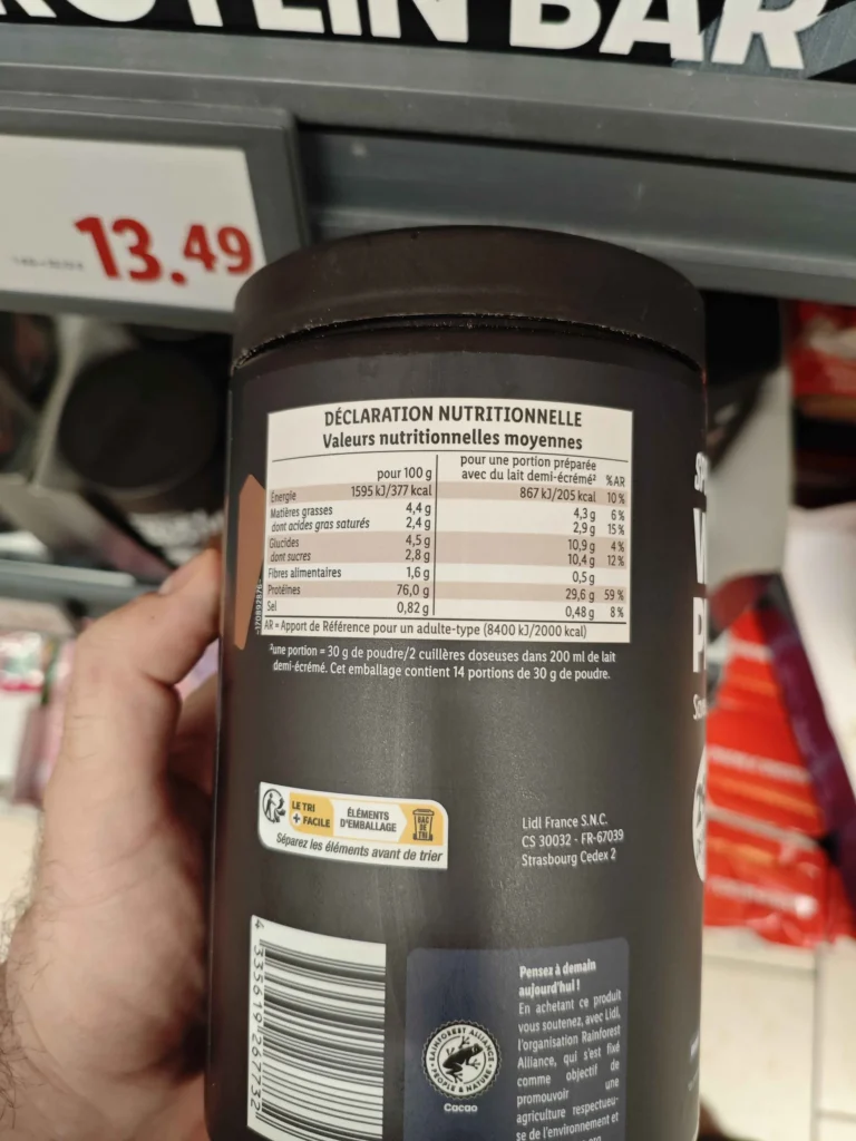 valeurs nutritionnelles Whey Sportyfeel Lidl