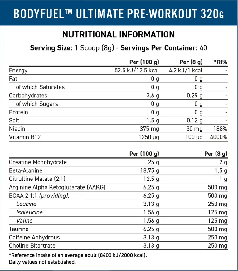 valeurs nutritionnelles Pr&eacute;-Workout BodyFuel B&M
