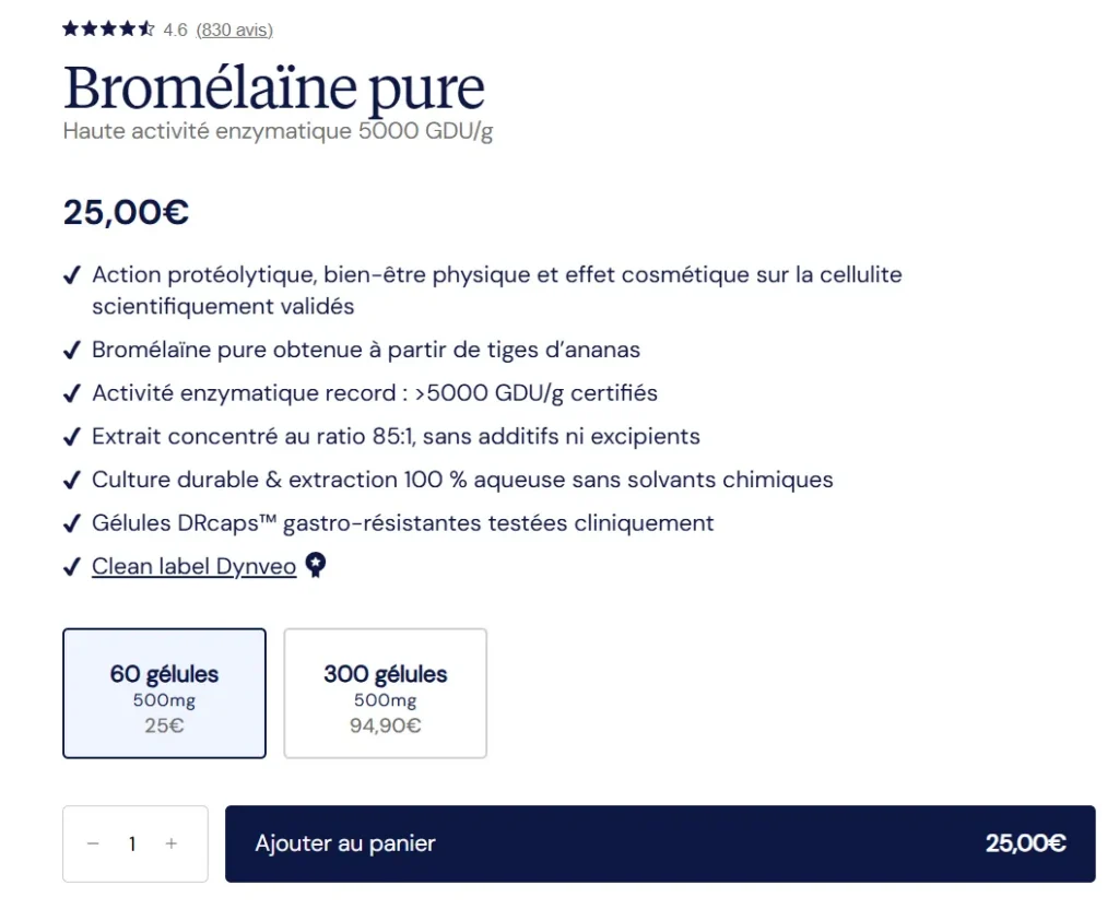 prix tarifs bromélaïne Dynveo