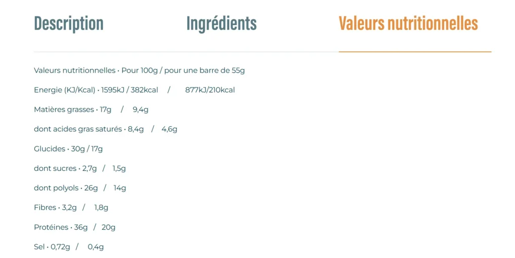 valuer nutritionnelles Barre Prot&eacute;ine Joyfuel