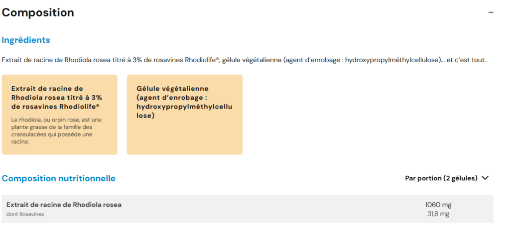 composition et ingr&eacute;dients Rhodiola Rosea Rhodiolife&reg; Nutrimuscle