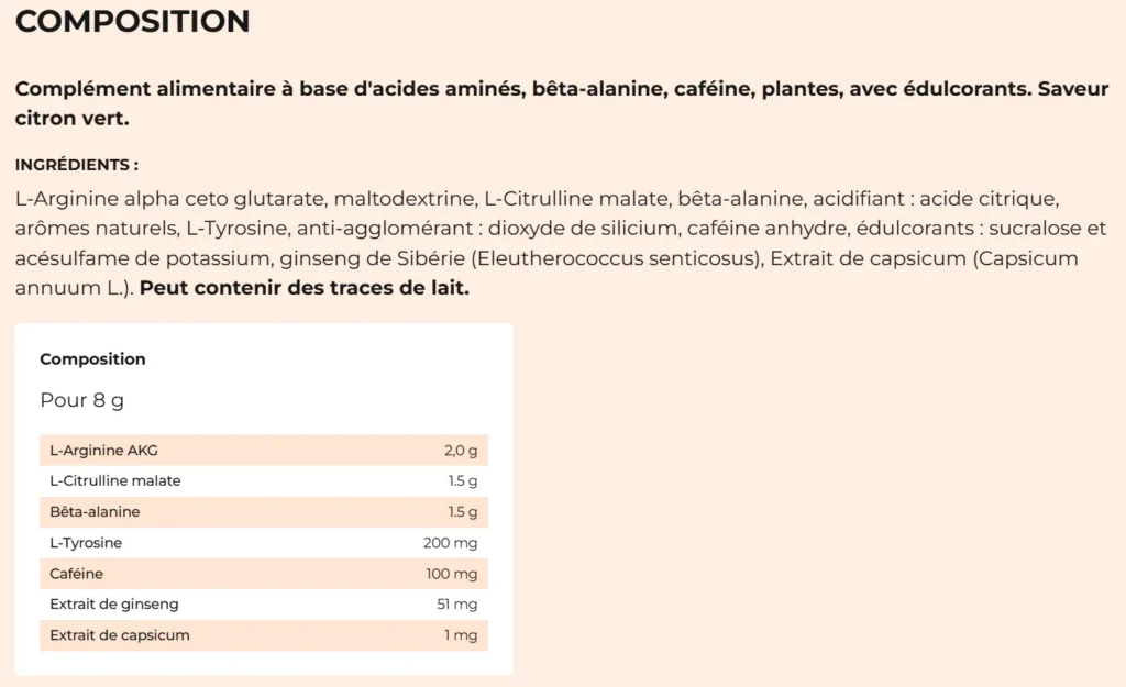 composition Pr&eacute;-Workout Inshape Nutrition