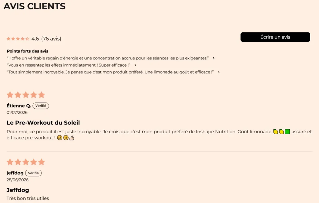 avis clients Pr&eacute;-Workout Inshape Nutrition