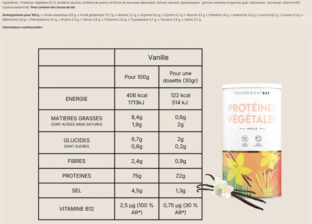 valeurs nutritionnelles Prot&eacute;ines V&eacute;g&eacute;tales TSE Nutrition Sissy Mua