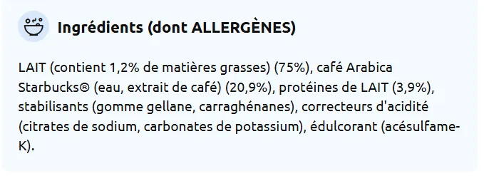 ingrédients Boisson Starbucks Protéinée au Café
