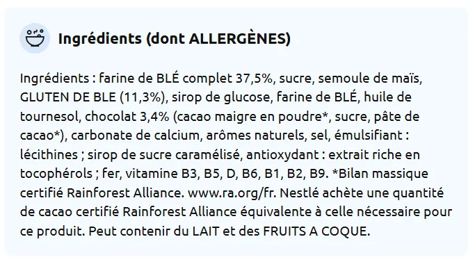 ingr&eacute;dients C&eacute;r&eacute;ales Lion Prot&eacute;ine Nestl&eacute;
