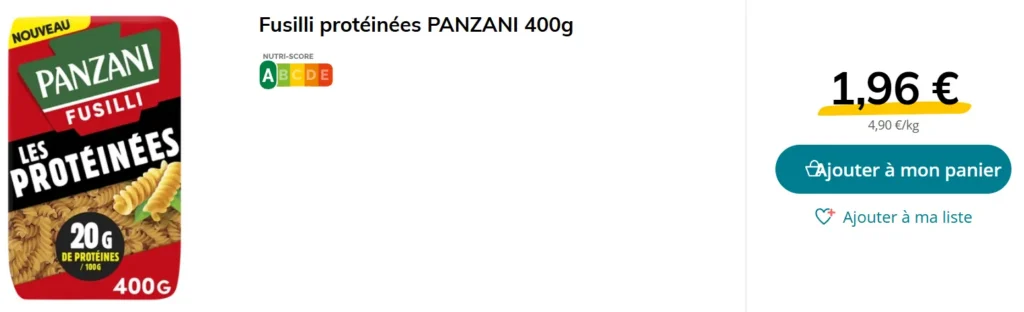 prix p&acirc;tes prot&eacute;in&eacute;es Panzani
