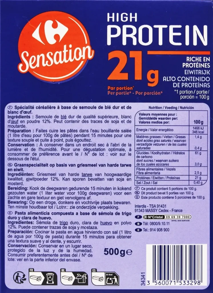 composition P&acirc;tes Protein Carrefour Sensation