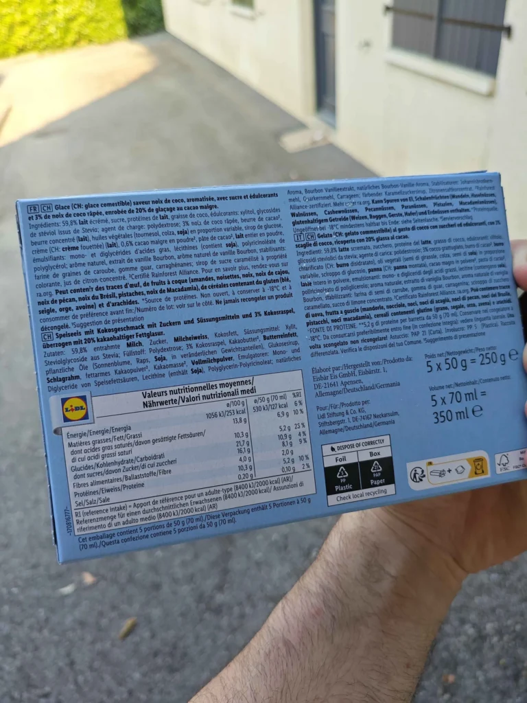 compositon barre glace protéinée Lidl gelatelli